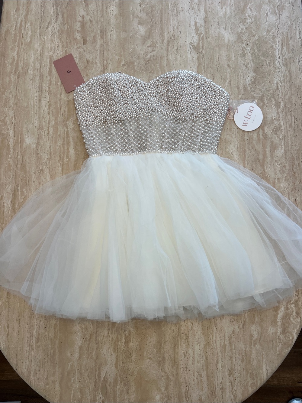 Wtoo Ivory Pearl-Embellished Strapless Tulle Mini Dress